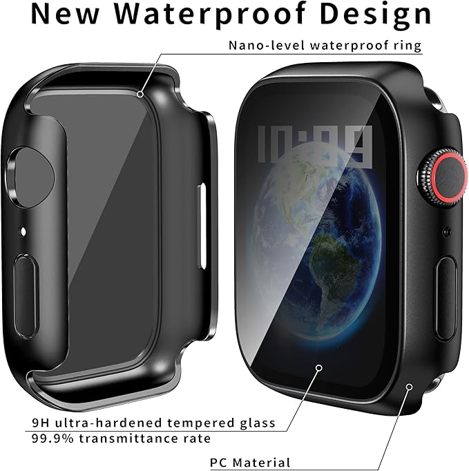 Waterproof Privacy Case Compatible with Apple Watch Series 9/8/7 45mm with Anti-peep Screen Protector, iWatch Face Cover Protective Bumper for iWatch Case 45mm Black - Image 3