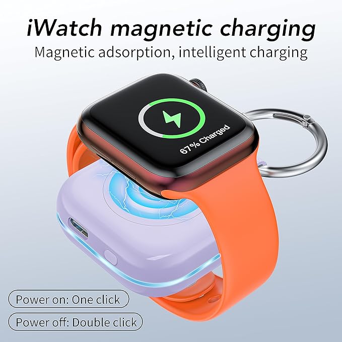 Portable Travel Charger for Apple Watch Series 8,Wireless iWatch Charger 1200mAh Power Bank with Charging Cable, Purse Keychain Smart Chargers for Apple Watch Series 11/10/9/8/7/6/SE/5/4/3/2/1/UItra - Image 3