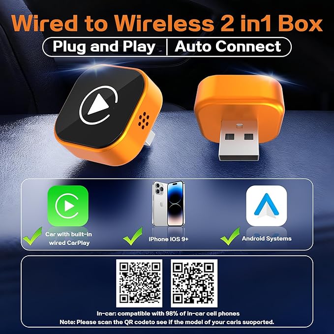 2026 Wireless CarPlay Adapter for iPhone,2 in 1 for Apple Carplay and Android Auto Adapter,Mini carplay Wireless Adapter Convert Wired to Wireless, Plug & Play, USB to USB-C/Type-C (Orange) - Image 2