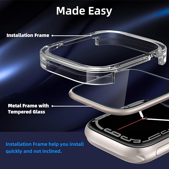 SWUU 2 Pack Tempered Glass Screen Protector with Metal Frame Compatible with Apple Watch Series 9 8 7 45mm Screen Protector, Waterproof HD Film for iWatch 9 8 7 45mm Starlight - Image 2