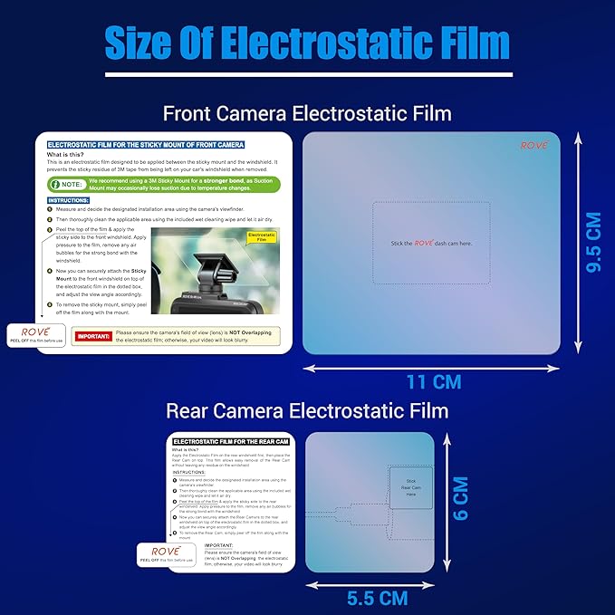 ROVE Windshield Electrostatic Films 2PCs Front (11x9.5cm) and 2 PCs Rear (6x5.5cm) for R2-4K Dual Dash Cam Model - Image 2