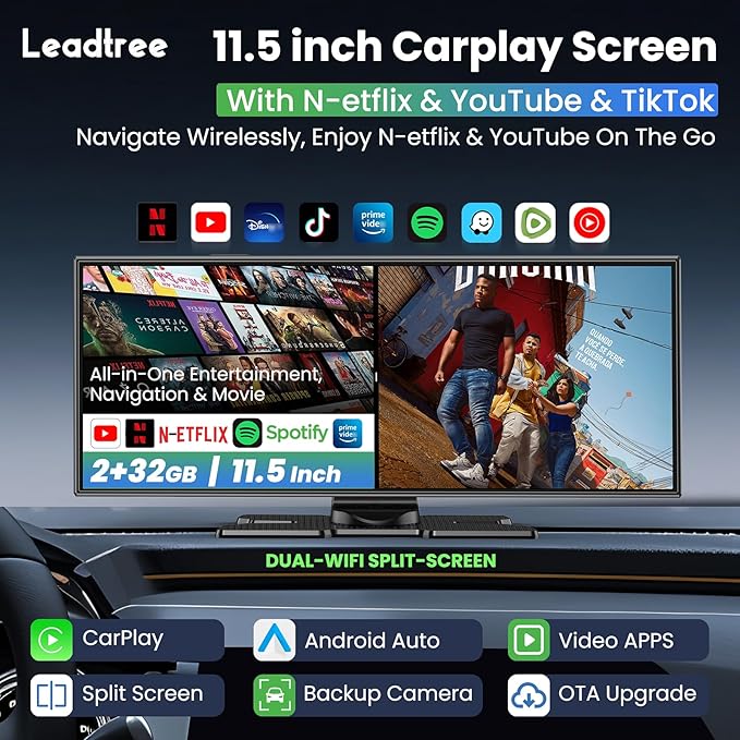 Largest 11.5 inch Wireless CarPlay Screen for Car,Built-in N-etflix/YouTube/TikTok and other apps,A-pple CarPlay & Android Auto screen with1080P Backup Camera/Navigation/Voice Control,for All Vehicles - Image 2
