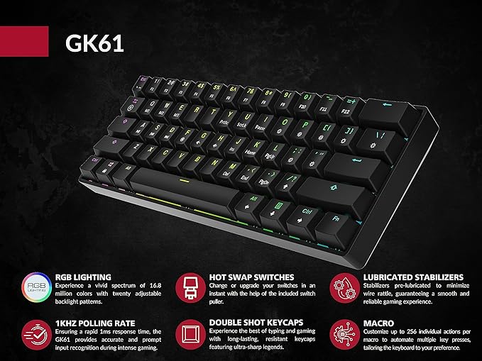 GK61 Mechanical Gaming Keyboard - 61 Keys Multi Color RGB Illuminated LED Backlit Wired Programmable for PC/Mac Gamer (Gateron Mechanical Blue, Black) - Image 7