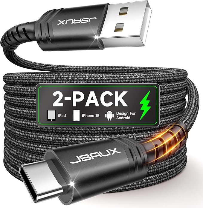 JSAUX USB C Cable [2-Pack 6.6ft], USB A to USB Cord Fast Charging for iPhone Air, iPhone 17, iPhone 17 Pro, iPhone 17 Pro Max, iPhone 16/iPhone 15 Series, Samsung S20 S10, Note 20 10,Car Play - Black by JSAUX