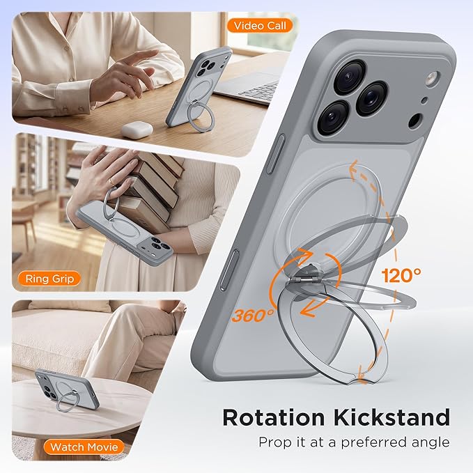 GolbinBox 360° Spin Magnetic Stand for iPhone 17 Pro Case, [Compatible with MagSafe] [Full Camera Protection] [16FT Military Drop Protection], Silm Translucent Matte Phone Case, Titanium Gray - Image 3