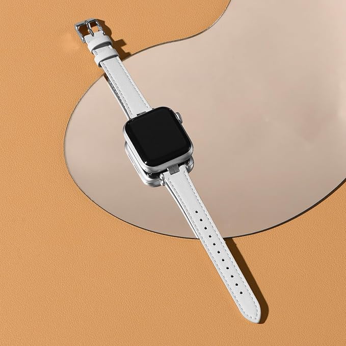 STIROLL Thin Leather Band Compatible with Apple Watch Bands 41mm 40mm 38mm 42mm(Series 11 10) Women, Stylish Top-Grain Leather Strap Slim Wristband for iWatch SE3/2/1 Series 9 8 7 6 5 4 3 2 1, White/Silver - Image 3