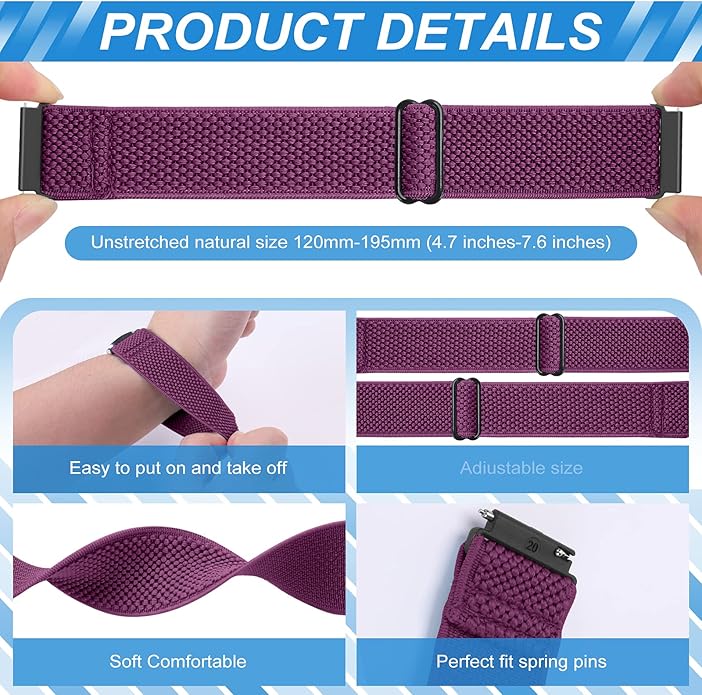 Compatible with 16mm 18mm 19mm 20mm 22mm 24mm Watch Bands Quick Release Replacement Wristband,Adjustable Stretchy Nylon Solo Loop Straps Fabric Braided Sport Elastic Bands for Men Women - Image 2