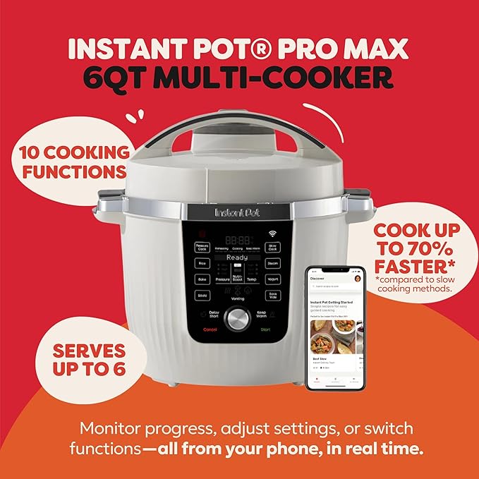 Instant Pot PRO Max Wi-Fi Smart 10-in-1 Pressure Cooker, Steamer, Saute, Warmer, Rice Cooker, Yogurt Maker, Sous Vide, Baker, NutriBoost - Includes App with 2000+ Recipes - 6 Quart - Image 2