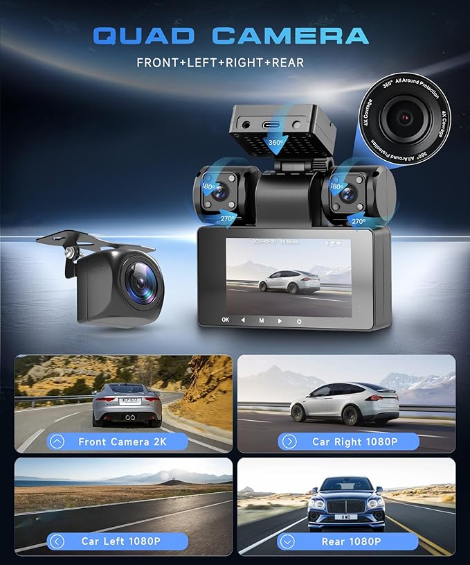 4-Channel 360° Dash Cam, 2K Front 1080P Rear Left Right, 3" IPS Screen, 5G WiFi APP Control, 8 IR Night Vision, G-Sensor, Loop Recording, 24/7 Parking Monitoring for Cars, Trucks, SUVs - Image 3