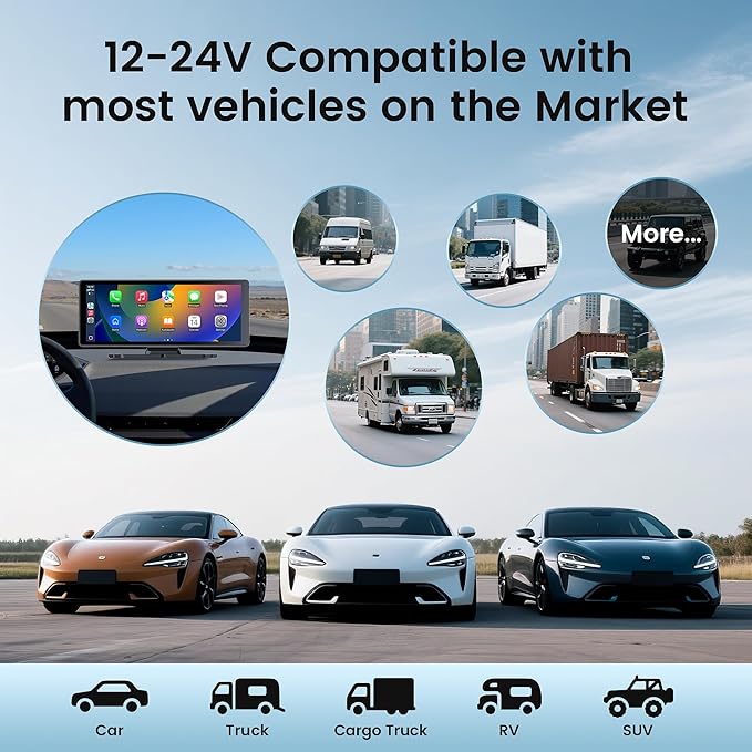 10.26" Carplay Screen for Car,4K Dash Cam,Portable Tablet for Apple Android Auto,Voice Touch Control GPS Navigation,Stereo Audio Radio,Rear Backup Camera,Bluetooth,Wireless Mirror for Truck - Image 5