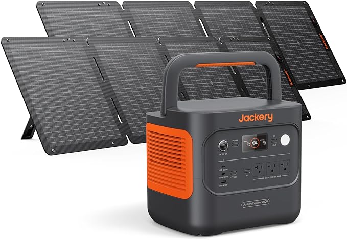 Jackery Explorer 2000 v2 Power Station and 2 * 100W Solar Panels, 2042Wh LiFePO4 Home Backup Battery, 2200W Solar Generator, USB-C PD 100W Fast Charging for Emergencies, Power Outages, Camping by JackeryInc