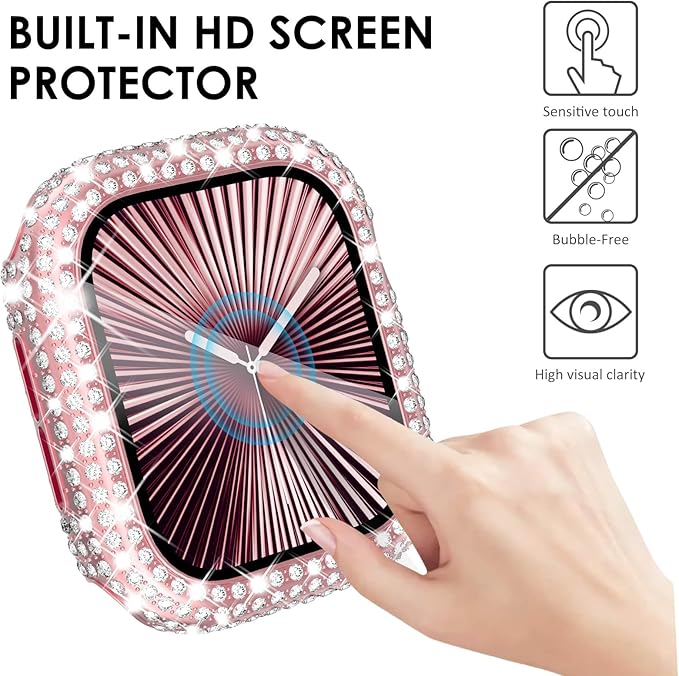 KADES Compatible with Apple Watch Series 11 10 42mm, Bling Full Diamond Rhinestone Protective Case with Built-in Screen Protector, Sparkling iWatch Protective Bumper Cover, Pink - Image 7
