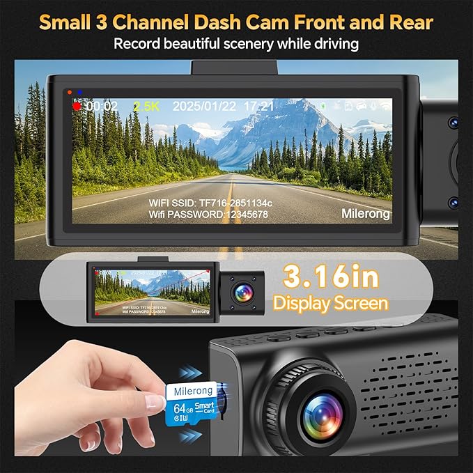 3 Channel 4K Dash Cam Front Rear and Inside with 5G WiFi & APP Control, 4K/2.5K+1080P+1080P Dashcam for Car, Dash Camera with 64GB Card, 24H Parking Monitor, Night Vision, Loop Recording, G-Sensor - Image 2