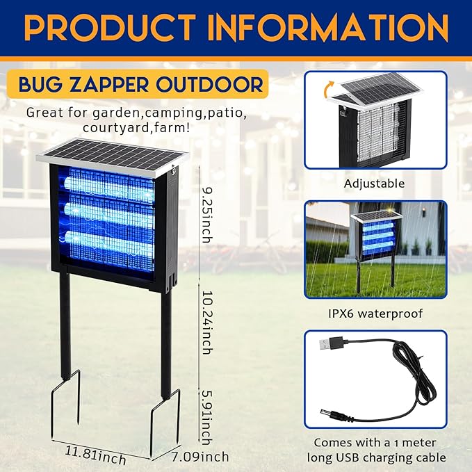 Qualirey 1 Pcs Solar Bug Zapper Outdoor Waterproof Mosquito Zapper with 3000v High Powered Rechargeable Electric Mosquito Killer with Grounding Bracket Fly Insect Trap for Patio Garden - Image 2
