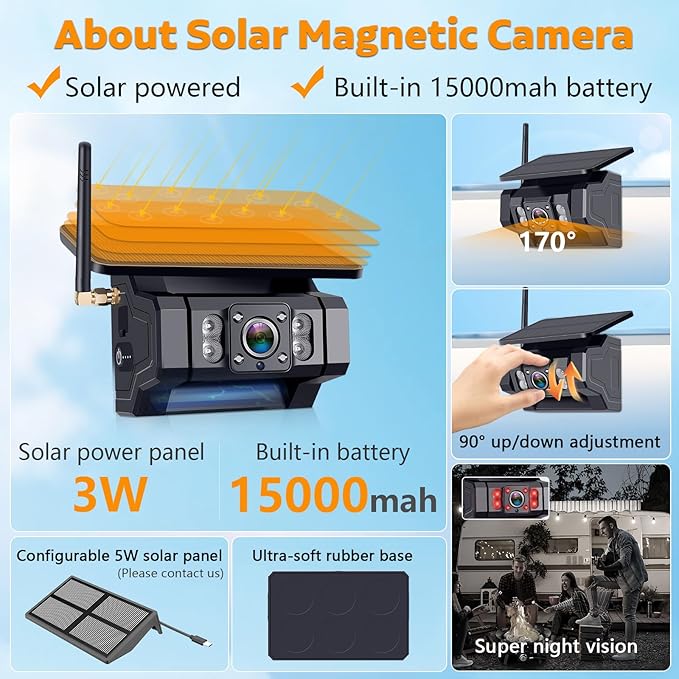 RV Backup Camera Wireless Install-Free 2-Cameras: Magnetic Shockproof with 2 Iron Brackets 7 Inch Rear View Camera for Trailer Truck - Solar Reverse Camera Recording Stable Signal - AMTIFO A9 - Image 5