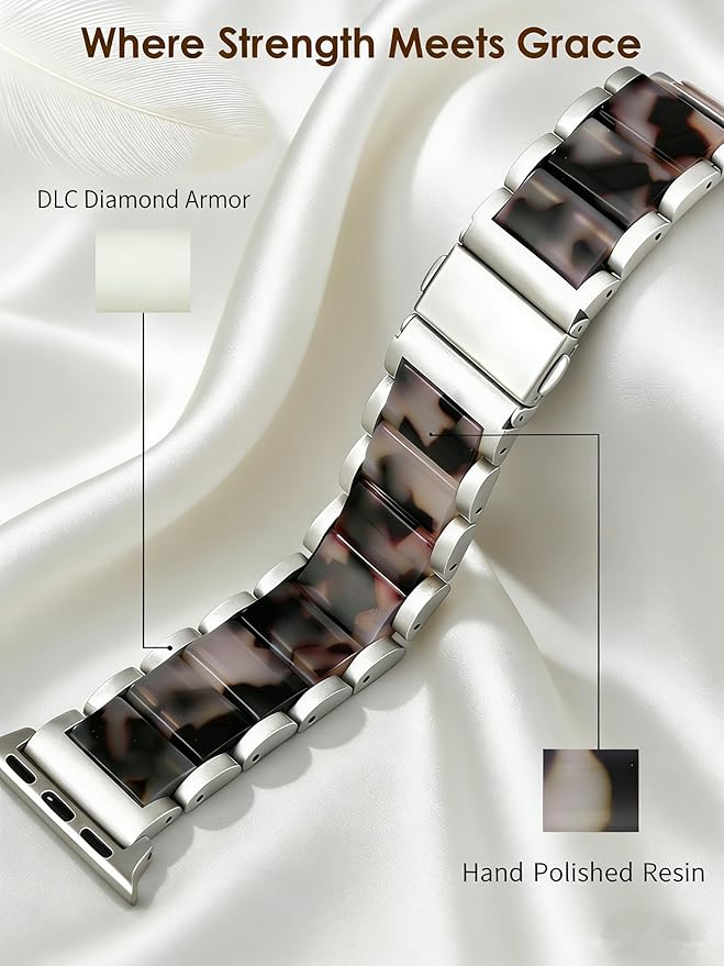 V-MORO Compatible with Apple Watch Band 41mm 42mm 40mm 38mm Series 11/10/9/8 Fashion Strap Women,Stainless Steel Resin Band Bracelet Replacement for iWatch Ultra/SE/7/6/5/4/3/2/1-Black Floral+Starlight - Image 3