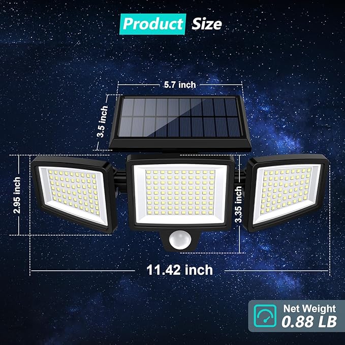 Tuffenough Solar Outdoor Lights 2500LM 210 LED Security Lights with Remote Control,3 Heads Motion Sensor Lights, IP65 Waterproof,270° Wide Angle Flood Wall Lights with 3 Modes(2 Packs) - Image 3