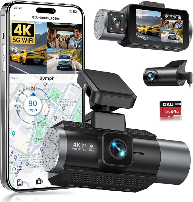 GKU 4K 3 Channel Dash Cam Front and Rear Inside, 3" IPS Screen, 5.8GHz WiFi Dash Camera for Cars, Built-in GPS, G-Sensor, 64GB Card Included, 24H Park Mode by GKUdashcam