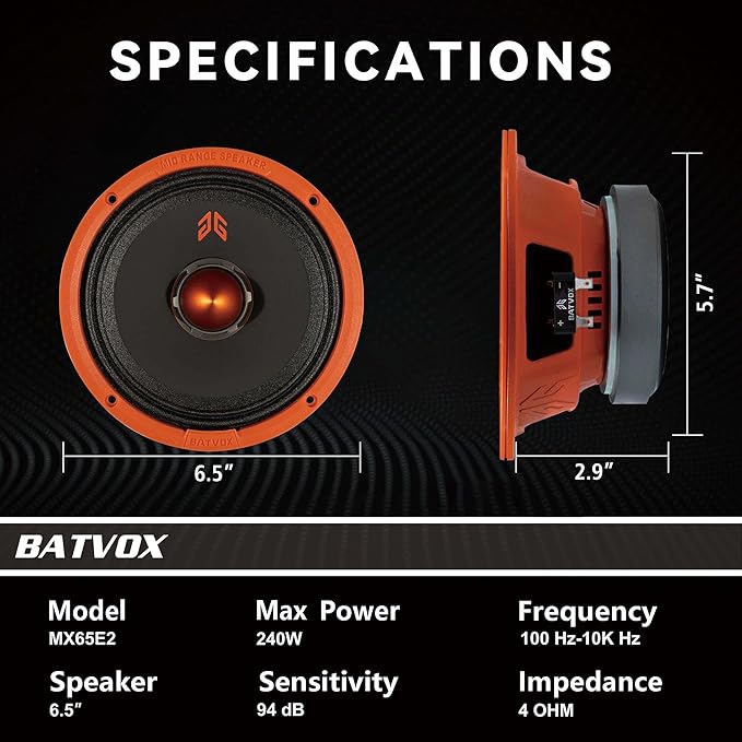 MX65E2 Midrange Loudspeaker 6.5" Orange Bullet, 480W Max, 4 Ohms, Premium Quality Audio Door Speakers for Car or Truck Stereo Sound System, Orange (2 Speaker) - Image 3