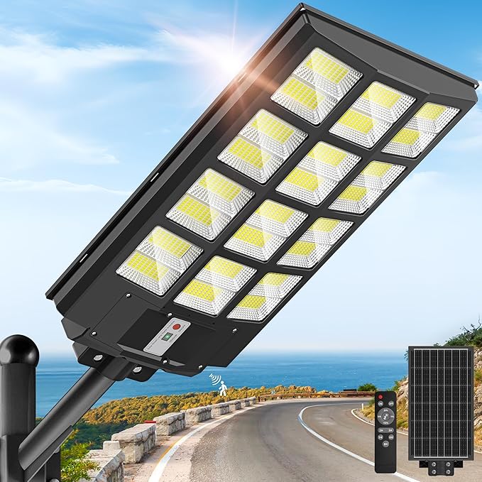 OKPRO Solar Lights Outdoor Waterproof, 8000W Solar Street Light with Motion Sensor, 7000K Dusk to Dawn Security Flood Lights IP66, Commercial Outdoor Lighting for Parking Lot, Yard, Driveway, Farm by OKPRO