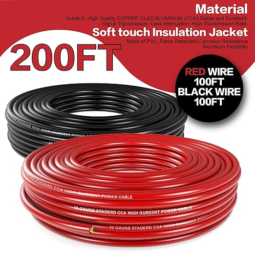 10 Gauge Wire (100ft Each - Red/Black) Copper Clad Aluminum CCA with 4 PCS 40A Fuse Holder,20PCS Lugs Terminal Connectors and 3:1 Heat Shrink Tubing for Car Amplifier Power & Ground Cable - Image 2