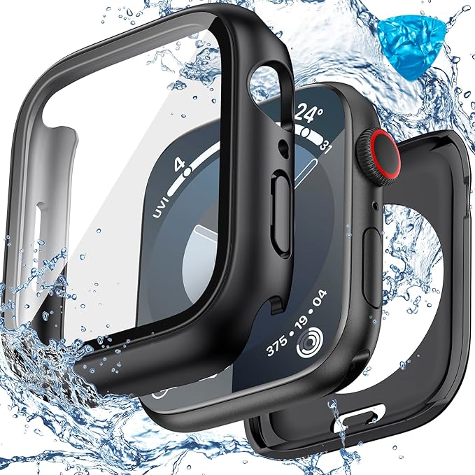 3 in 1 Goton Waterproof Hard Case for Apple Watch Screen Protector 45mm, 360° Slim Full Protective Tempered Glass Face Cover + Back Hard PC Bumper for iWatch Series 9/8/7, 45mm Matte Black by Goton