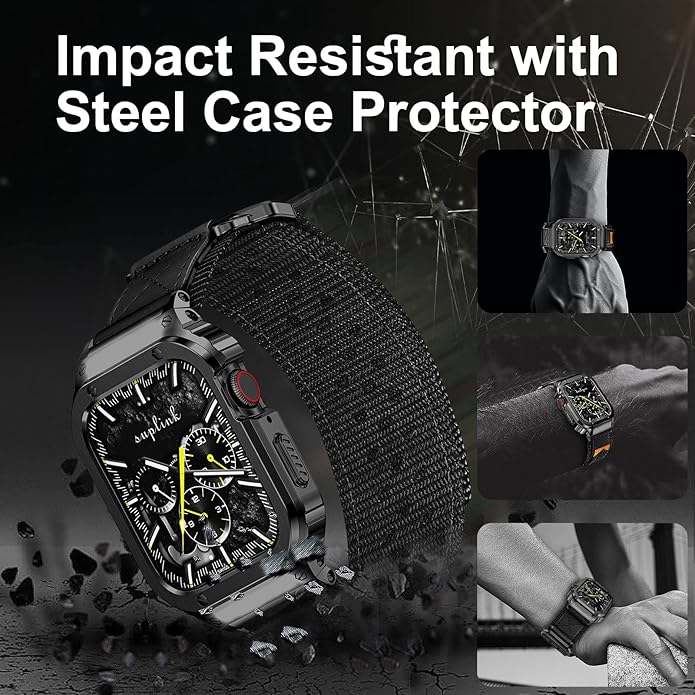 SUPLINK Stainless Steel Case&Nylon Band Compatible with Apple Watch Band 38mm 40mm 41mm 42mm 44mm 45mm 46mm 49mm,Rugged Metal Cover Adjustable Strap for iWatch Series 10 9 8 7 6 5 4 3 2 1 SE Ultra Men - Image 3