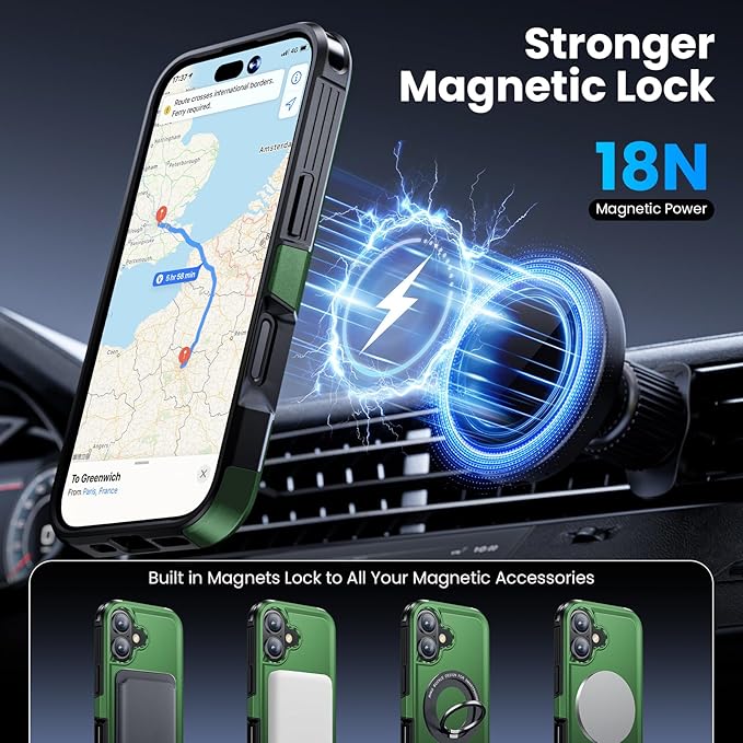 Magnetic for iPhone 16 Case, Heavy Duty Protection, 23ft Military-Grade Drop Protection, Compatible with MagSafe, Tough Non-Slip, Matte Surface Phone case for iPhone 16 6.1", Green - Image 4