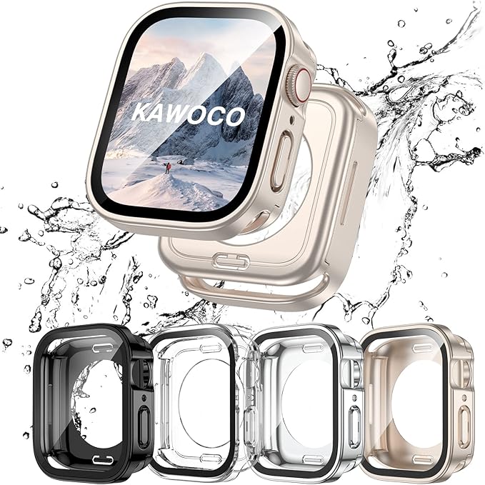 4 Pack Compatible with Apple Watch Waterproof Case 42mm Series 10 with Tempered Glass Screen Protector, 2 in 1 Full Coverage Bumper Protective Cover for iWatch Accessories 42 mm by Kawoco