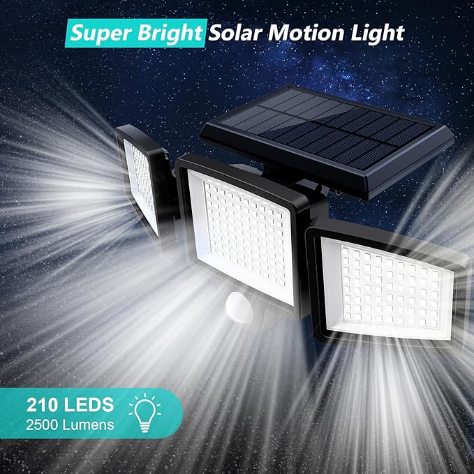 Tuffenough Solar Outdoor Lights 2500LM 210 LED Security Lights with Remote Control,3 Heads Motion Sensor Lights, IP65 Waterproof,270° Wide Angle Flood Wall Lights with 3 Modes(2 Packs) - Image 7
