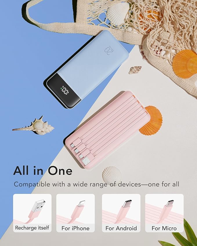 charmast 20000mAh Portable Charger with Built in Cables, 22.5W Travel Power Bank Fast Charging, USB C Cell Phone Battery Pack for iPhone 17/16/15/14/13/12 Series, iPad, Samsung, Android, Tablet - Image 2