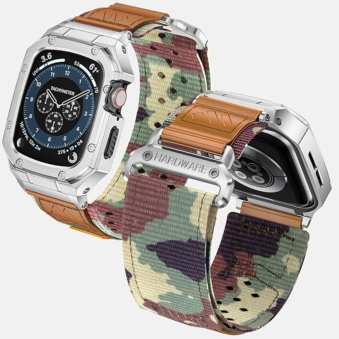 BAITEYOU Band with Case Compatible with Apple Watch Band Series 9 8 7 (41mm) 6 5 4 SE 3 2 1 (40mm 38mm), Nylon Strap with Stainless Steel Metal Rugged Case Cover for iwatch Bands for Men - Image 2