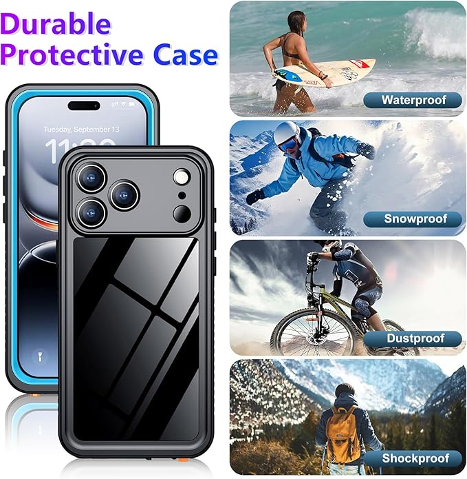 Temdan Compatible with iPhone 17 Pro Case,Waterproof Built-in Screen & Camera Protector IP68 Underwater Full Body 17FT Military Dropproof Shockproof Phone Case 6.3"-Blue/Clear - Image 7