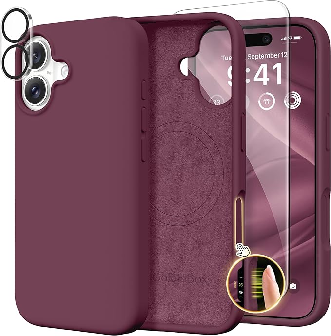 GolbinBox Magnetic for iPhone 17 Case, Compatible with MagSafe, Screen Protector + Camera Lens Protector, Liquid Silicone Shockproof Phone Cover with Anti-Scratch Microfiber Lining, Wine Red by GolbinBox