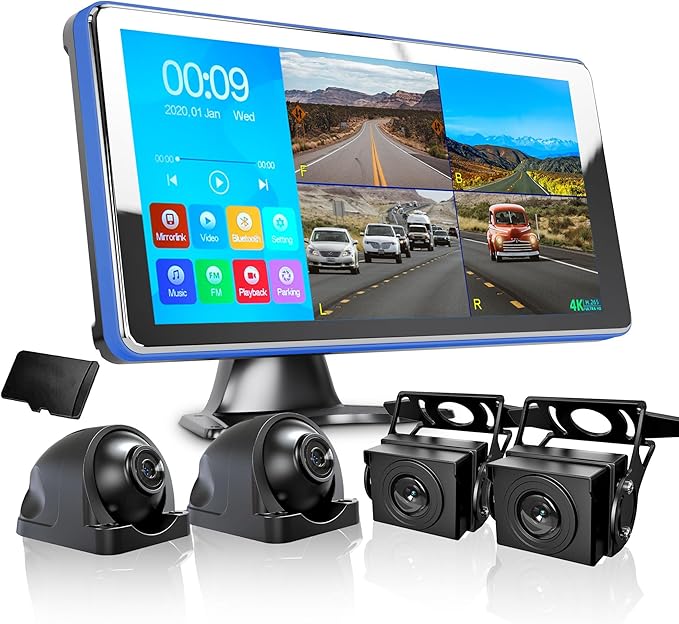 ASLONG 4K Backup Camera 4CH Dash Cam with 10.36" Quad Split Touch Screen & 4 AHD Front Rear Sides View Camera w/DVR Recording Music Video Playback Avoid Blind for RV Semi Trailer Truck Van by ASLONG
