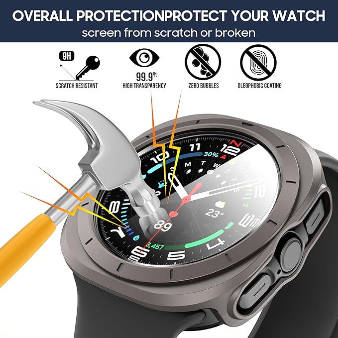 Suoman 5+5 Pack for Samsung Galaxy Watch 7/8 Ultra 47mm (2024/2025) Case, 9H Tempered Glass Screen Protector+ All-Round PC Matte Protective Cover Bumper -Black+Blue+Silver+Grey+Clear - Image 5
