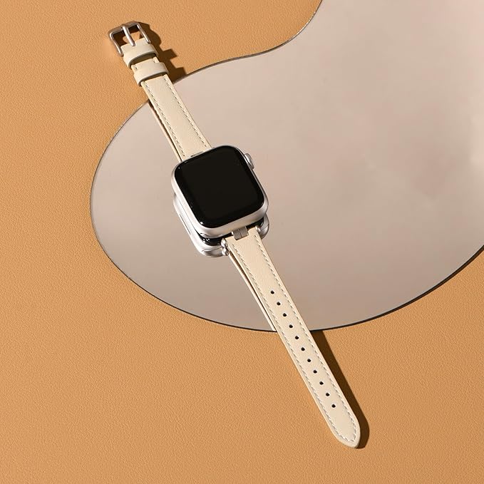 STIROLL Thin Leather Band Compatible with Apple Watch Bands 49mm 46mm 45mm 44mm 42mm (Series 3/2/1) Women, Stylish Top-Grain Leather Strap Slim Wristband for iWatch SE3/2/1 Series 10 9 8 7 6 5 4 Ultra, Ivory White/Starlight - Image 3
