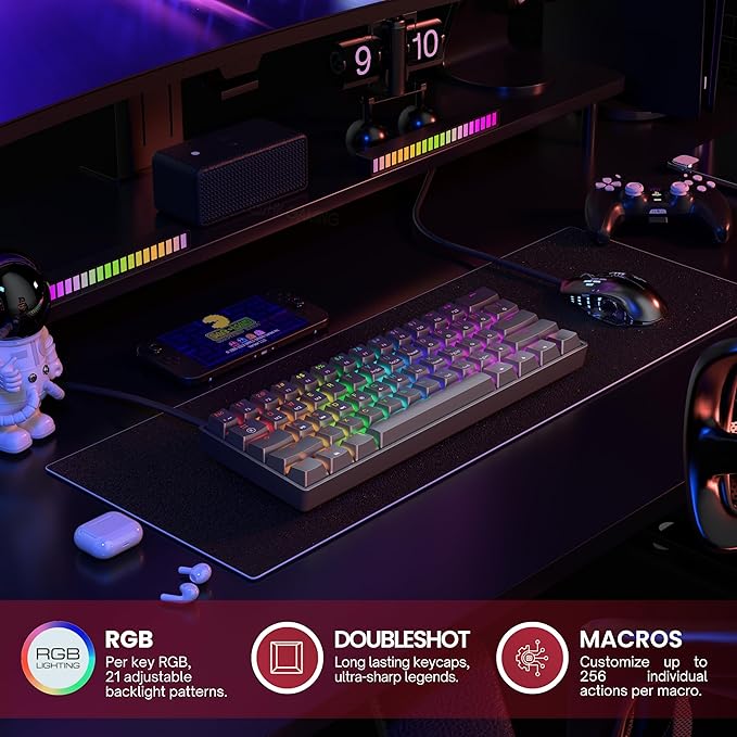 GK61 Mechanical Gaming Keyboard - 61 Keys Multi Color RGB Illuminated LED Backlit Wired Programmable for PC/Mac Gamer (Gateron Mechanical Blue, Black) - Image 3