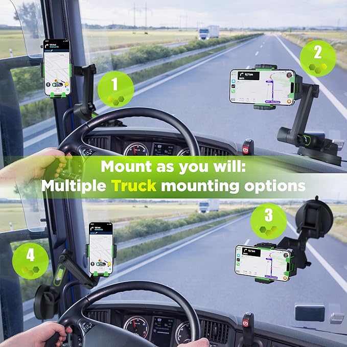 Cell Phone Mount for Truck Phone Holder for Truck Drivers - Heavy Duty Suction Cup, iPhone Holder for Dashboard Window 16.9 inch Long, for iPhone & Samsung, Semi Trucker, Green - Image 9