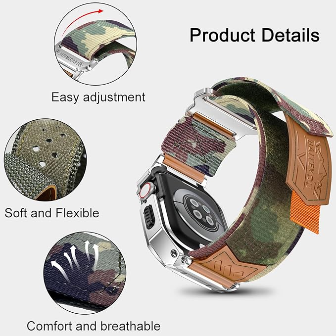 BAITEYOU Band with Case Compatible with Apple Watch Band Series 9 8 7 (41mm) 6 5 4 SE 3 2 1 (40mm 38mm), Nylon Strap with Stainless Steel Metal Rugged Case Cover for iwatch Bands for Men - Image 3