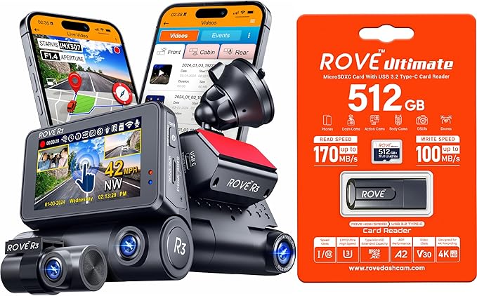 ROVE R3 Dash Cam | 512GB Micro SD Card by ROVE