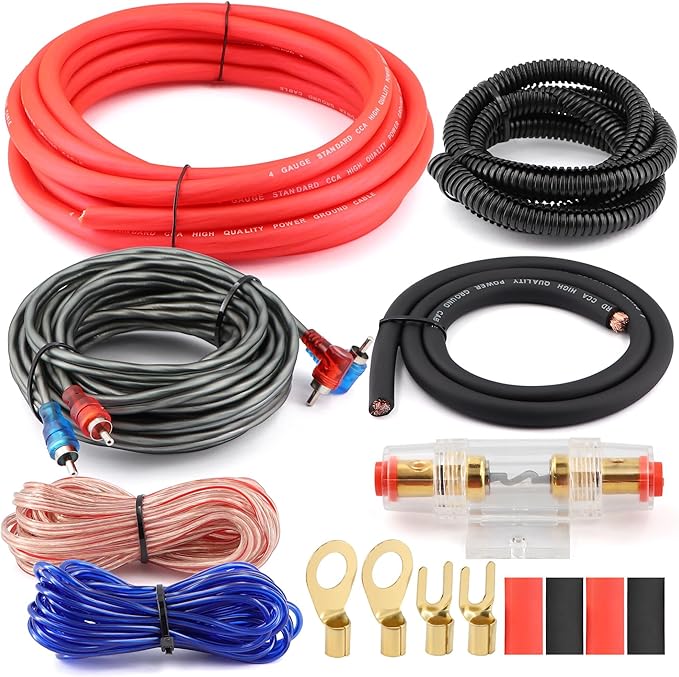 4 Gauge 1000W CCA Complete Amplifier Wiring Kit - with Power/Ground Wire, RCA Cables, Speaker Wire, Capacitor & Distro Block | for High-Power Subwoofer and Multi-Channel Stereo System Install by Welugnal