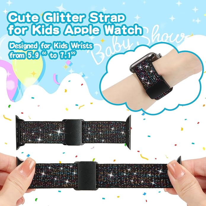 Stretchy Bands Compatible with Kids Apple Watch Band 38mm 40mm 41mm 42mm 44mm 45mm 46mm 49mm, Soft Elastic Glitter Strap for iWatch Series 10 9 8 7 6 5 4 3 SE SE2 SE3 Girls Boys - Image 2