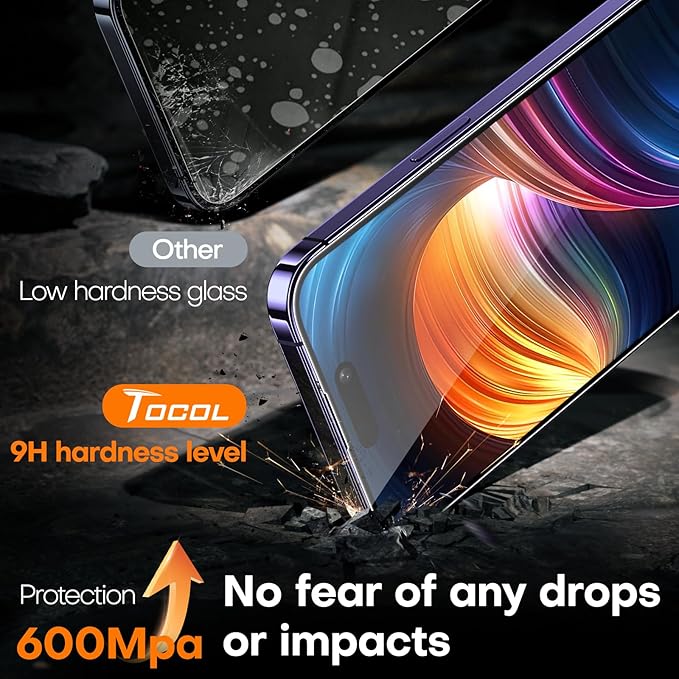 TOCOL for iPhone 14 Pro Max Screen Protector 9H Hardness Military Grade Shatterproof HD Tempered Glass Full Coverage Easy Installation Case Friendly 2 Pack - Image 4