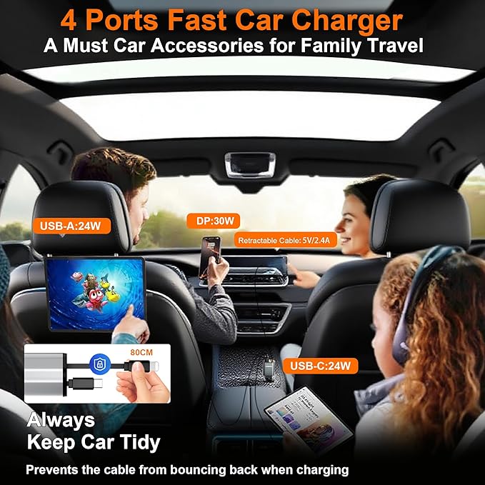 OneFish 12V&24V Retractable Cord 4 in 1 Fast Car Charger, 4Ports (PD30W+PD12W x3), Cigarette Lighter Chargers with USB Type C Ports Display, for iPhone 17 16 Pro Max Plus/iPad, Car Truck Essentials - Image 4
