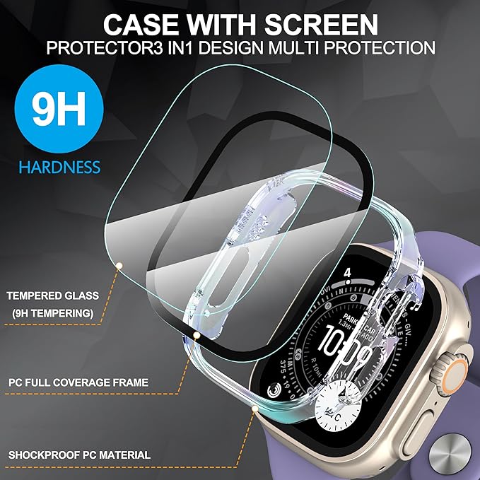 Suoman 2-Pack for Apple Watch Ultra 3/2/1 49mm Case, Ultra-Thin Tempered Glass Screen Protector, All-Around PC Protection Cover for iWatch Ultra 49mm 3/2/1 - Colorful - Image 4