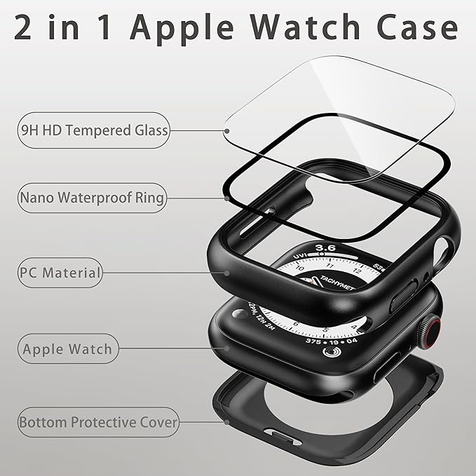 2 in 1 Waterproof Case Compatible with Apple Watch 45mm Series 9/8/7 with Tempered Glass Screen Protector, Full Coverage Bumper Cover for iWatch Case 45mm Black - Image 2