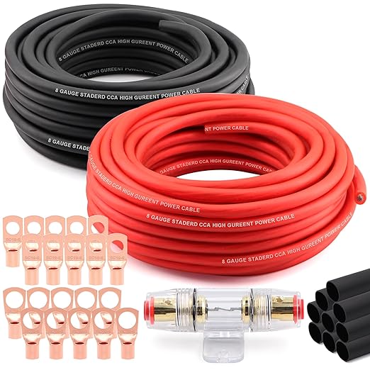8 Gauge Wire (25ft Each - Red/Black) Copper Clad Aluminum CCA - Primary Automotive Wire,Car Amplifier Power & Ground Cable, 20PCS Lugs Terminal Connectors,60A ANL Fuse Block and Heat Shrink Tubing by Tuijodaix