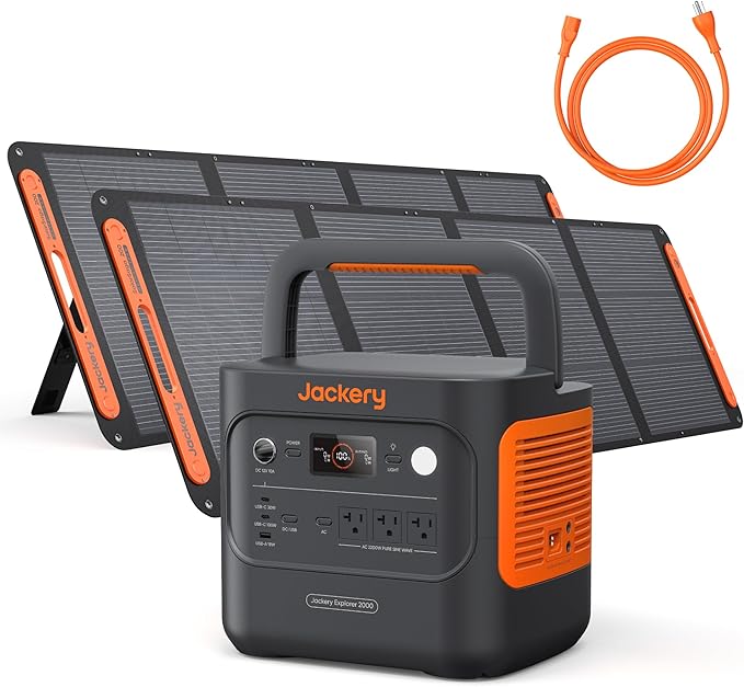 Jackery Explorer 2000 v2 Portable Power Station with 2x200W Solar Panels and AC Charging Cable, 2040Wh LFP Home Backup Battery, 2200W AC Output, Solar Generator for Power Outages, Emergencies, Camping by JackeryInc
