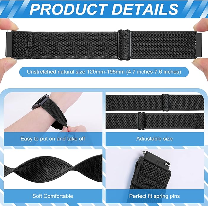 Compatible with 16mm 18mm 19mm 20mm 22mm 24mm Watch Bands Quick Release Replacement Wristband,Adjustable Stretchy Nylon Solo Loop Straps Fabric Braided Sport Elastic Bands for Men Women - Image 2